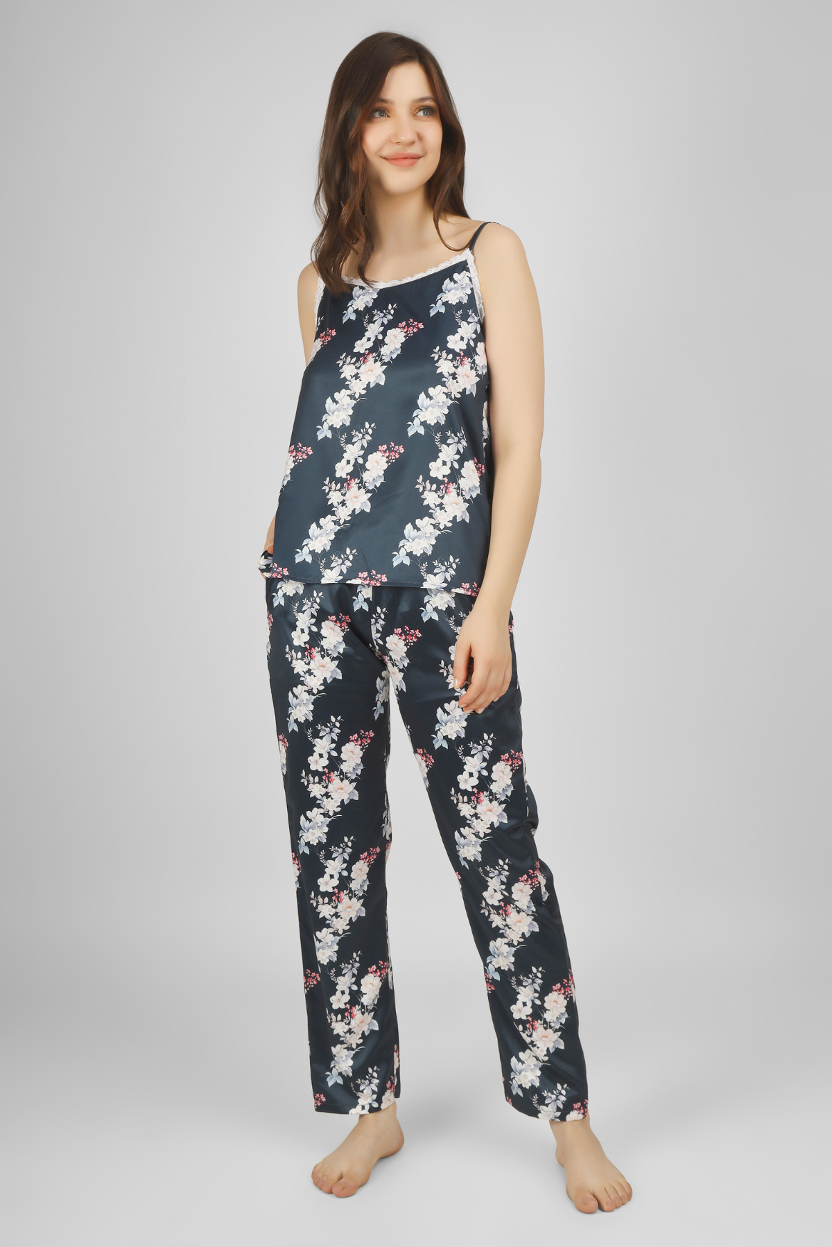 Navy Bloom & Bold Satin Spaghetti Pyjama Set For Women 4
