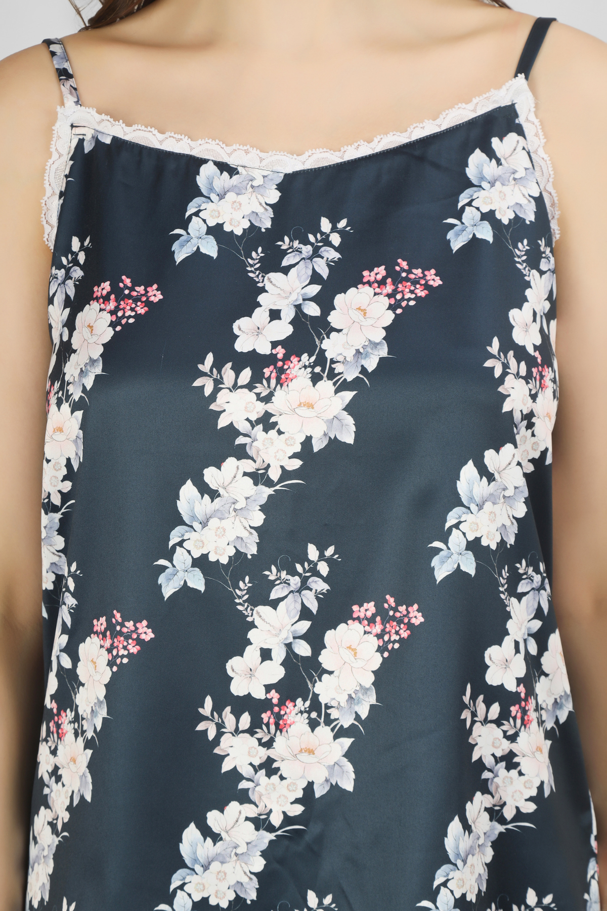 Navy Bloom & Bold Satin Spaghetti Shorts Set For Women 2