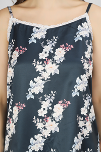 Navy Bloom & Bold Satin Spaghetti Shorts Set For Women 2