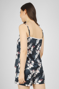 Navy Bloom & Bold Satin Spaghetti Shorts Set For Women 5