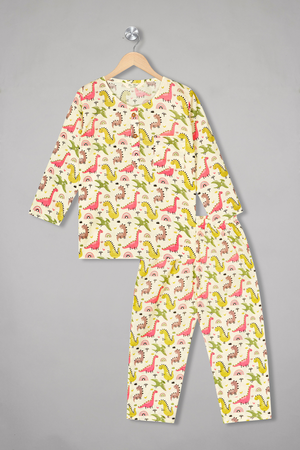 Dino Delight Cream Kurta Pyjama Set For Girls / Boys