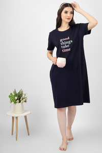Navy Blue Good Things Take Time Short Nighty - Soft Women's Sleepwear - Relaxed Fit, Breathable Fabric, Uplifting Chest Print.