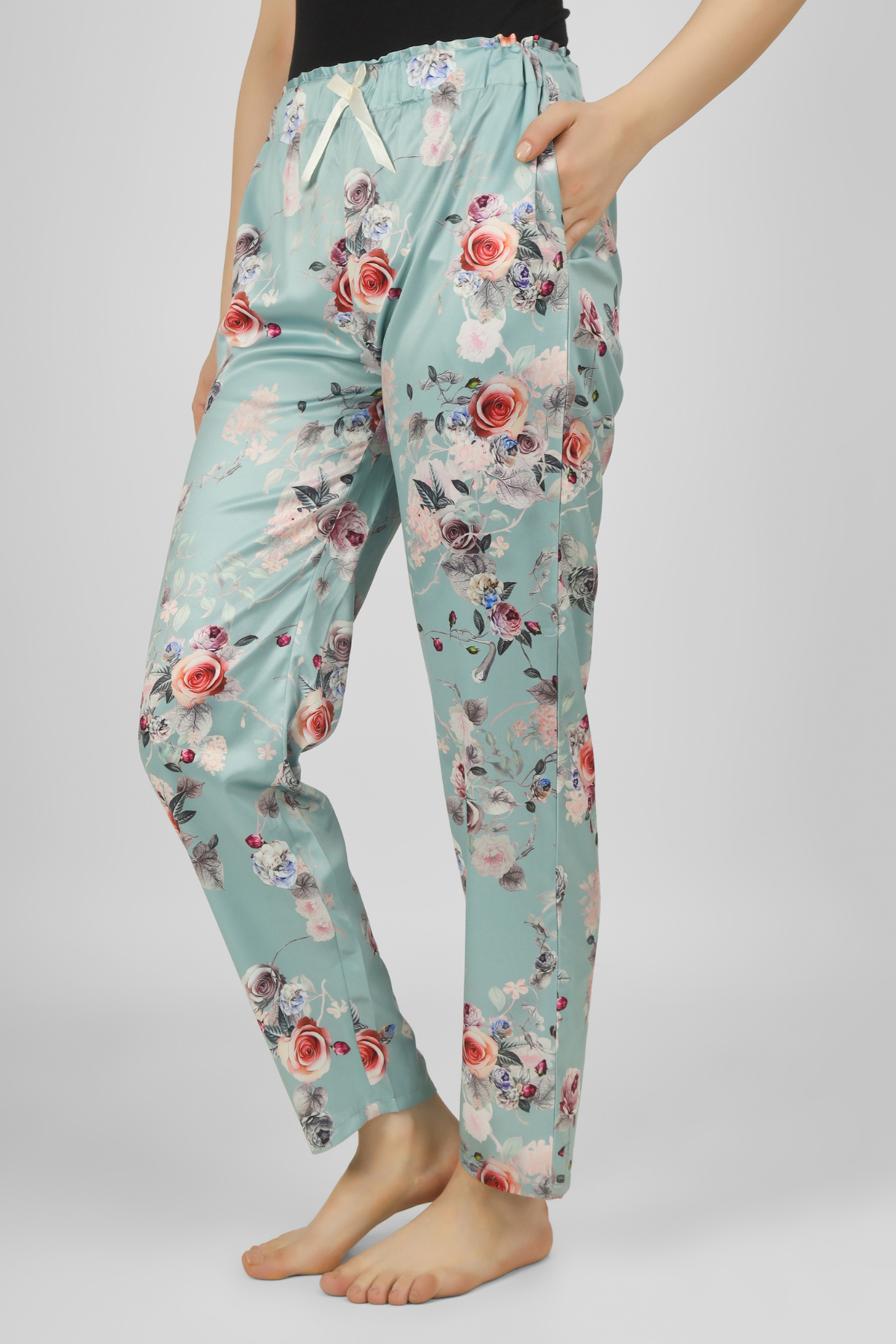 Green Floral Fantasy Satin Pyjama For Women 4