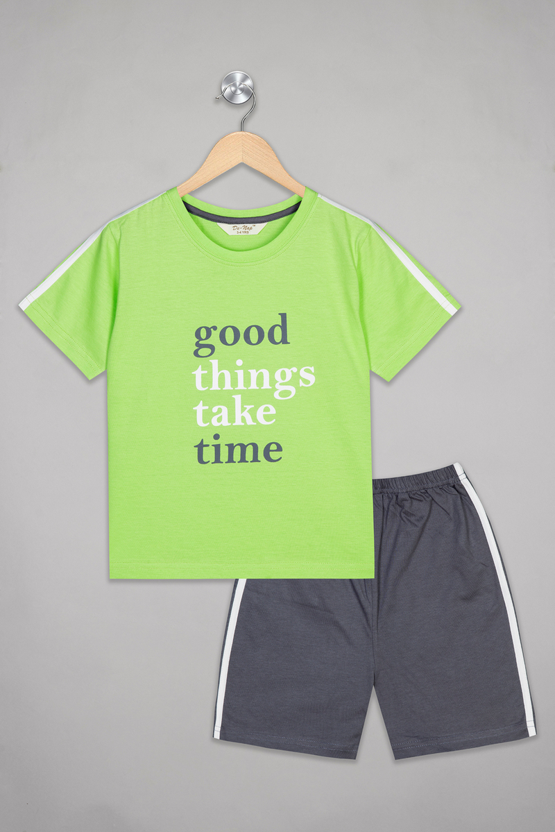 Green Good Things Take Time Shorts Set For Boys 1