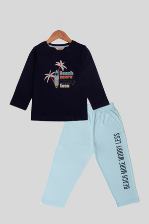 Navy Beach More Worry Less Full Sleeves Pyjama Set For Boys 1