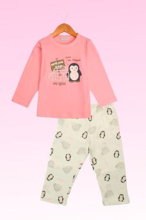 Peach Peter Penguin Full Sleeves Pyjama Set For Girls 1