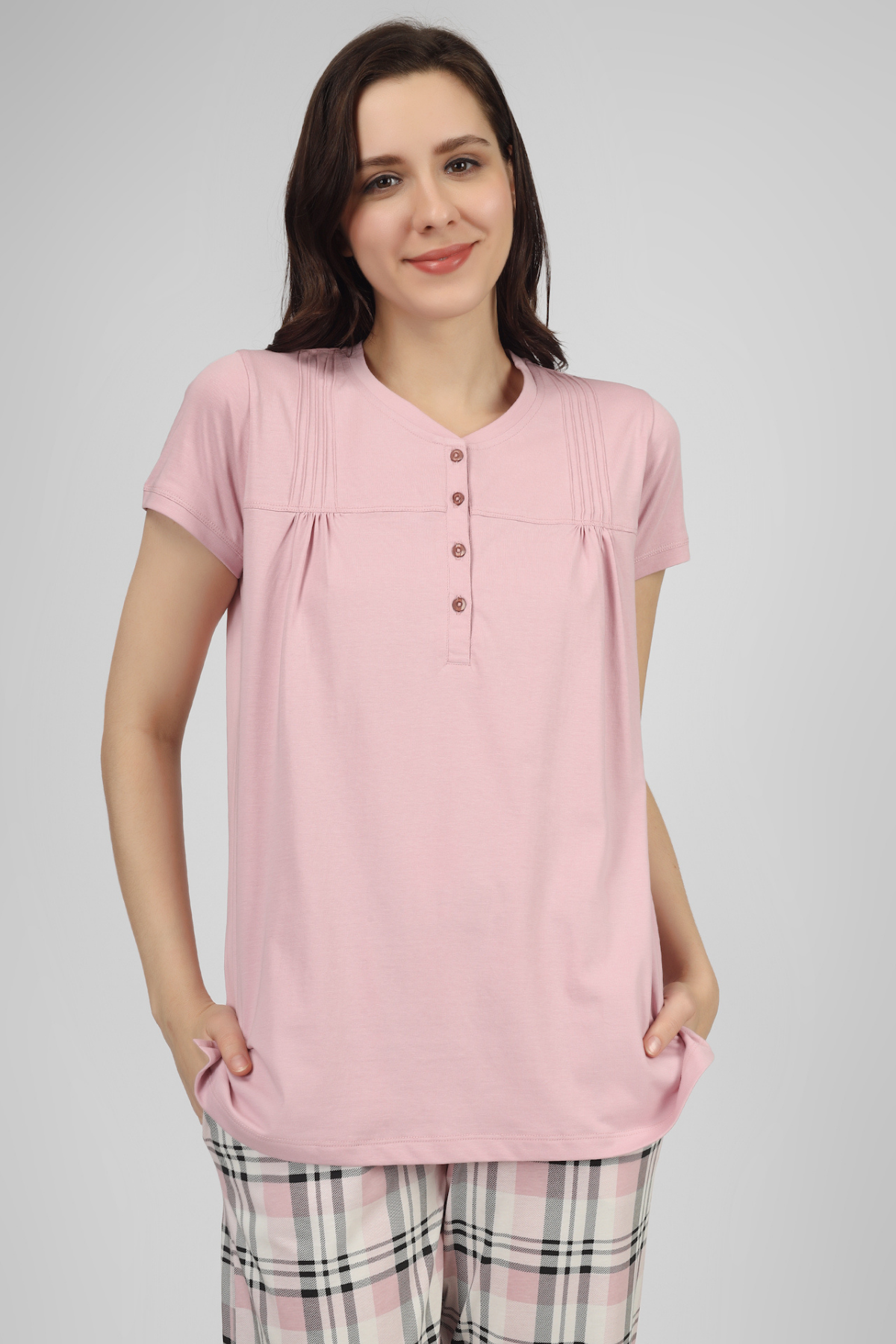 Plaid & Pleats Short Sleeves Pyjama Set For Women 3