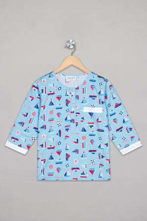 Blue Sailing Boats Kurta Pj Set