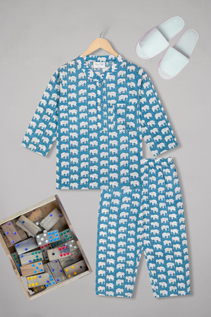 Blue Elephant Oasis Kurta Pyjama Set for kids - Quirky elephant print nightwear, round neckline, kurta placket, soft cotton.