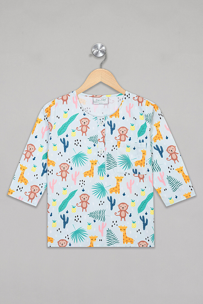 Blue Monkey & Giraffe Kurta Pyjama Set