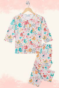 Cream Chirpy Birds  Kurta Pyjama Set