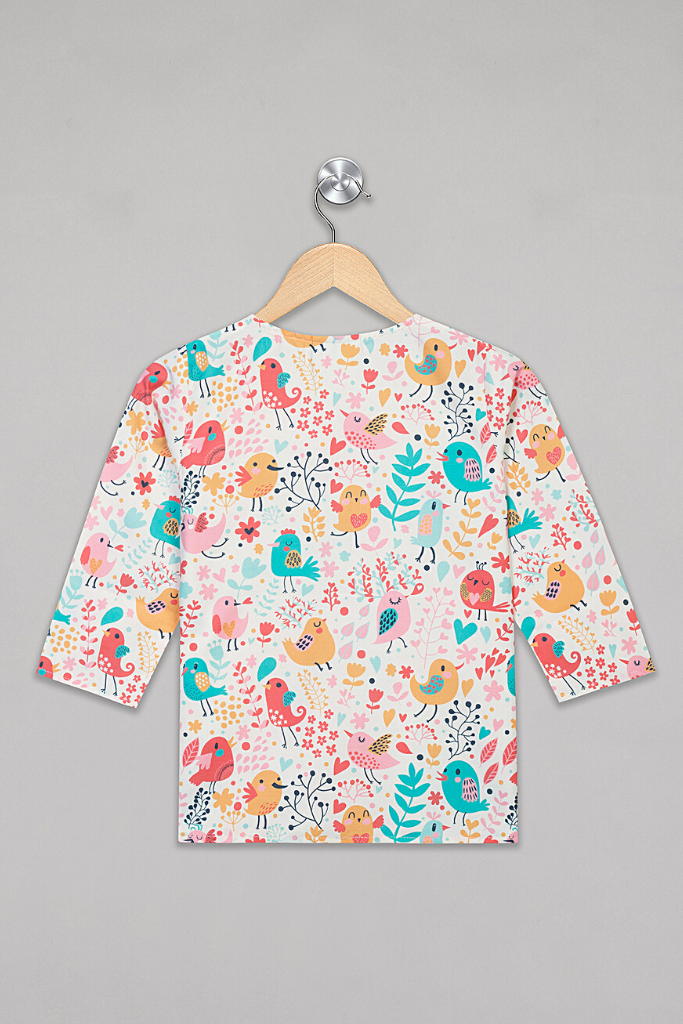 Cream Chirpy Birds  Kurta Pyjama Set