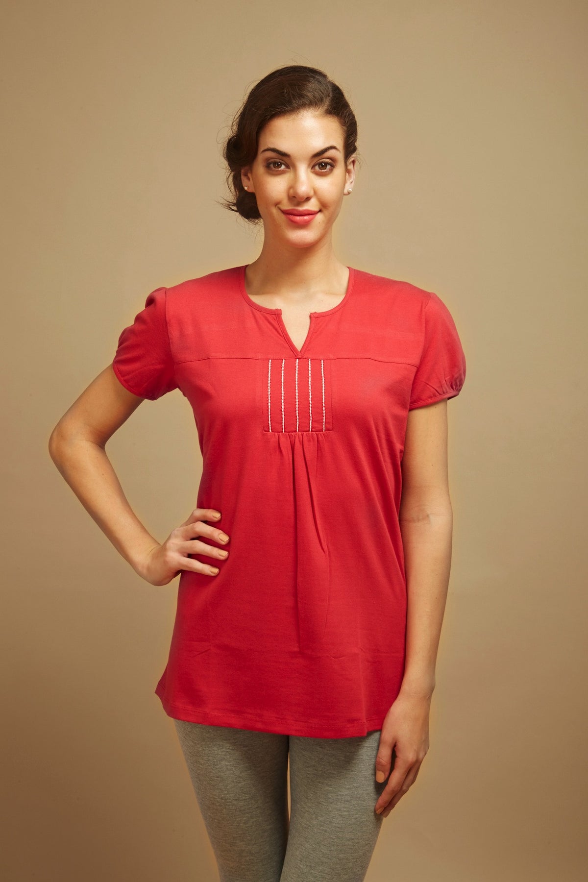 Red Embroidered Lounge Top