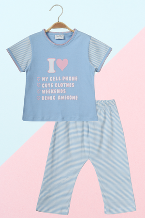 Nightwear Blue & Stripes I Love Pyjama Set With Striped Bottom For Girls