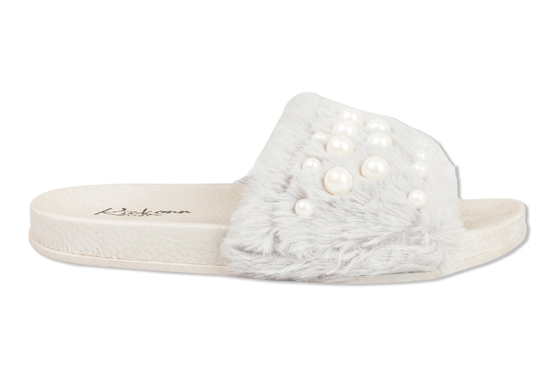 Faux Fur with Pearls  Slides- light grey
