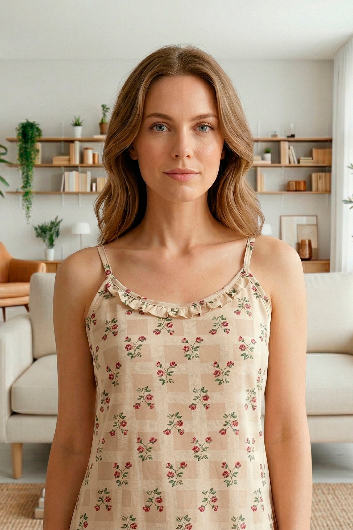 Soft Beige Floral Spaghetti