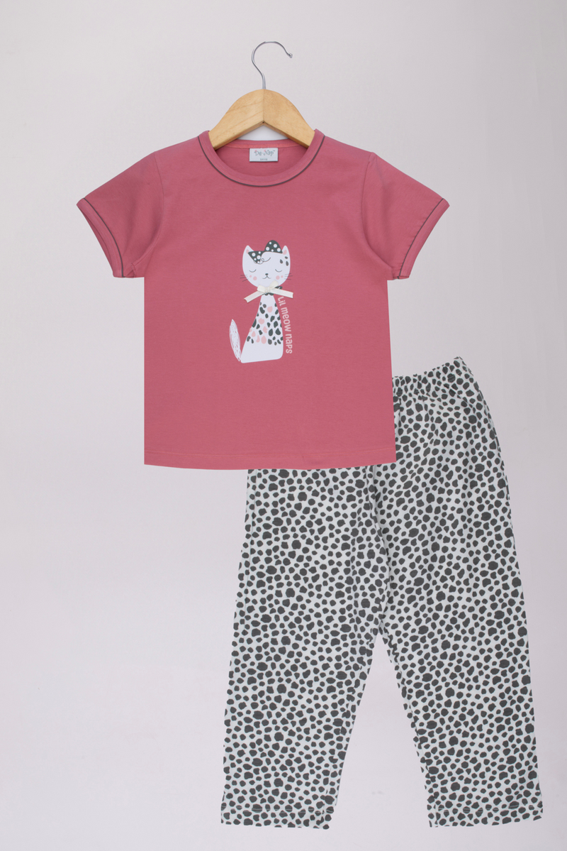 Coral Lil Meow Naps Short Sleeves Pyjama Set For Girls 1