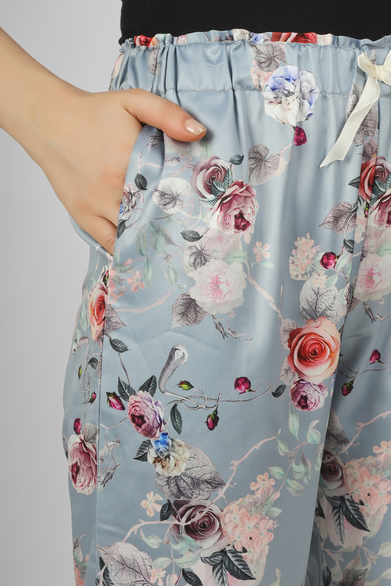 Grey Floral Fantasy Satin Pyjama For Women 2