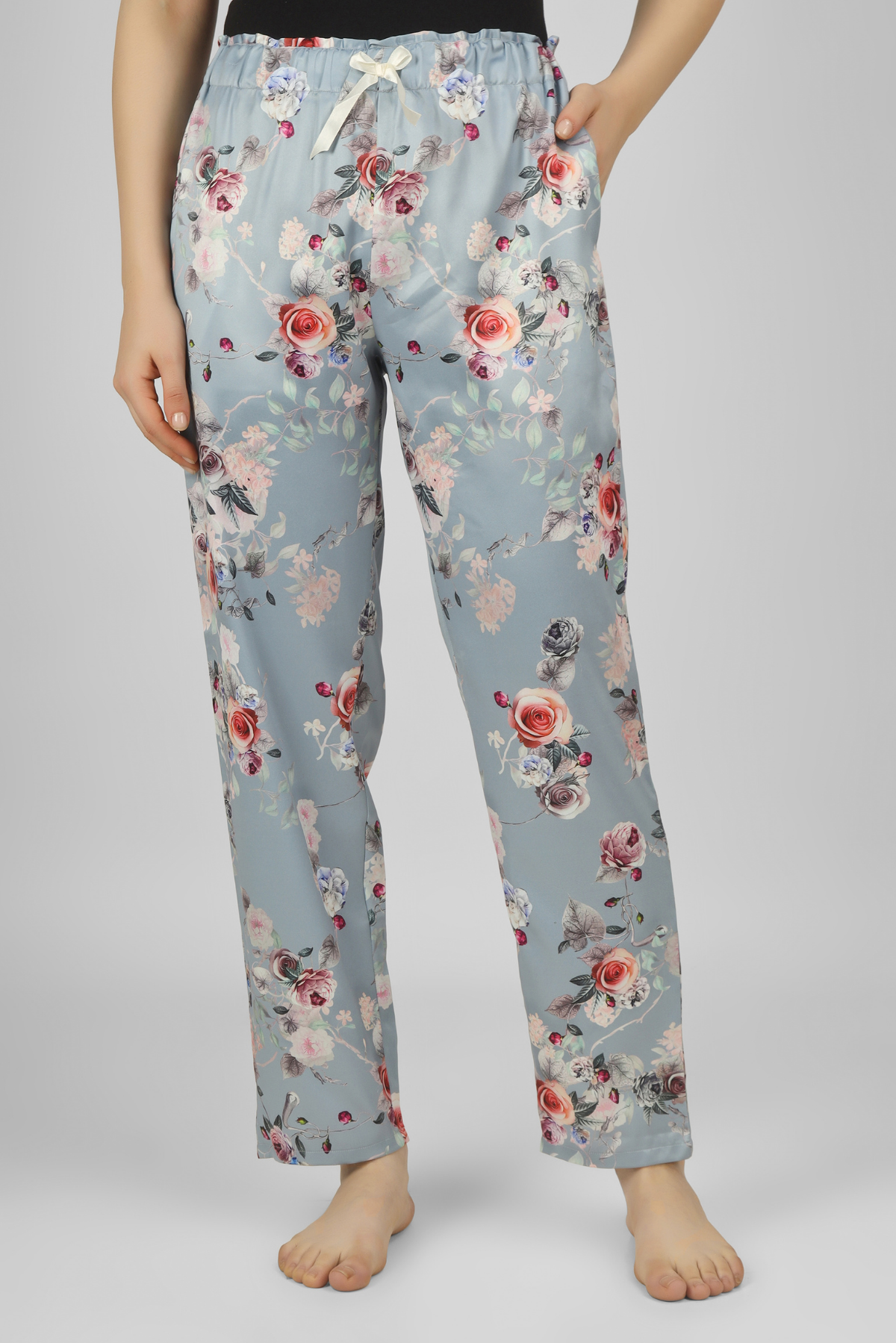 Grey Floral Fantasy Satin Pyjama For Women 3