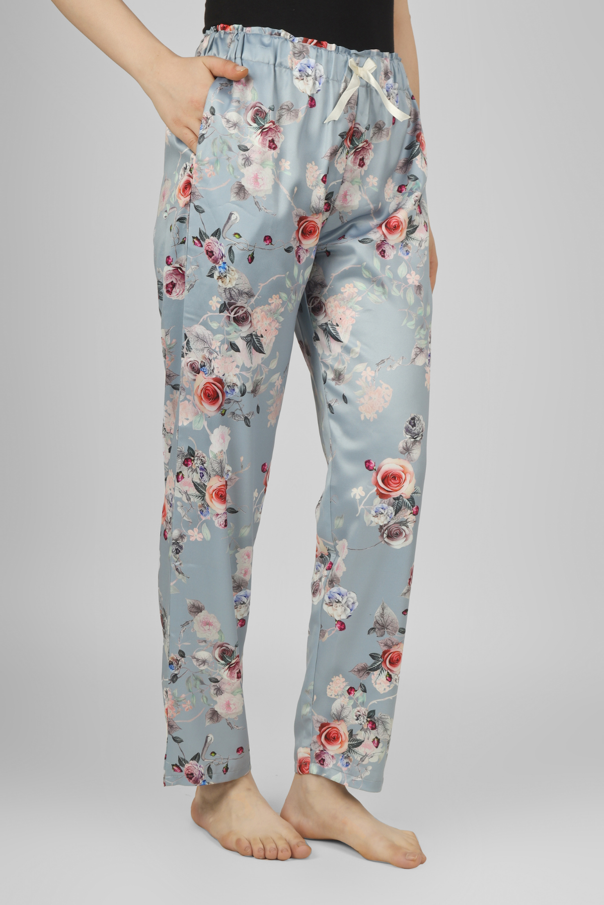 Grey Floral Fantasy Satin Pyjama For Women 4
