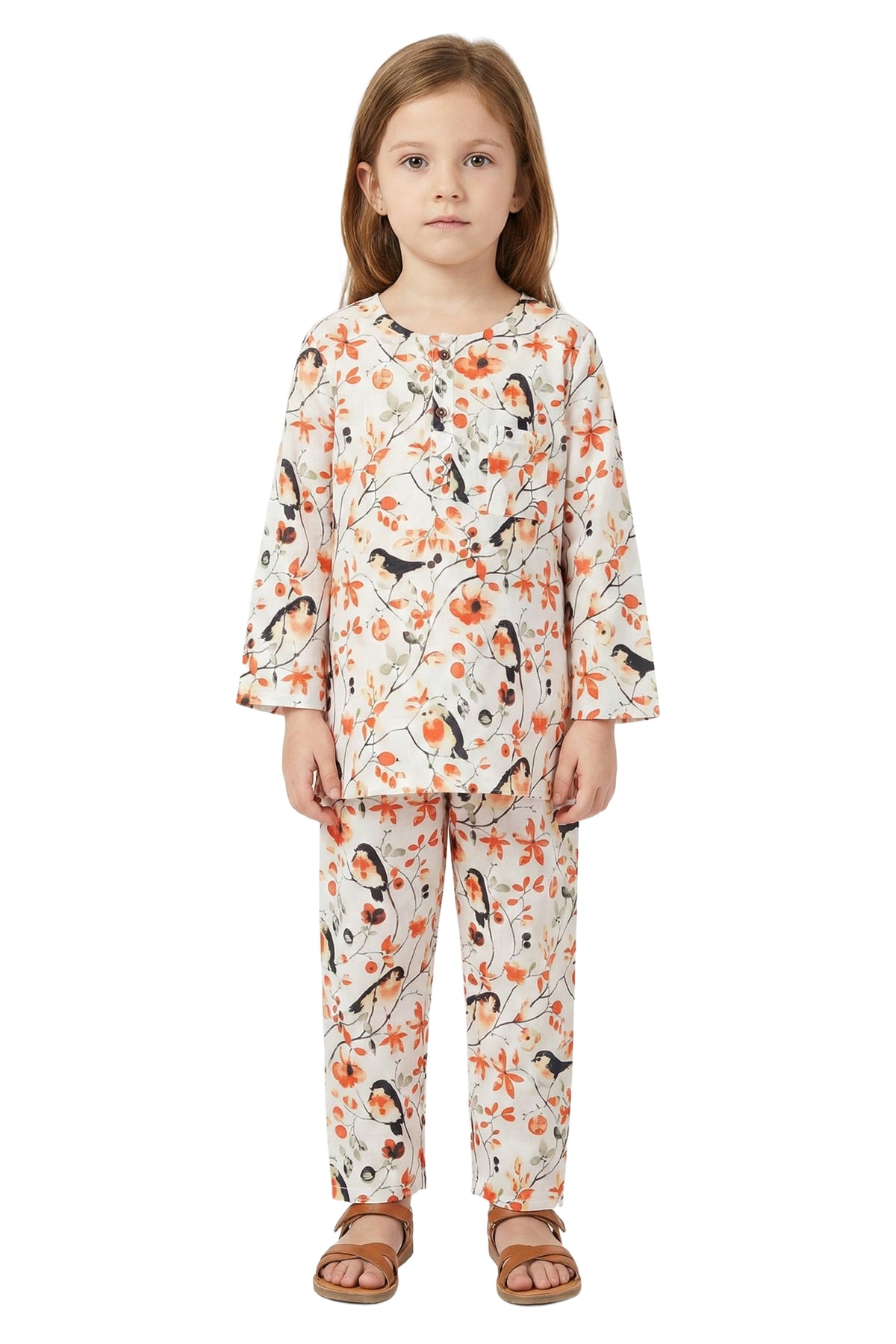Coral Flock Birds Kurta Pyjama