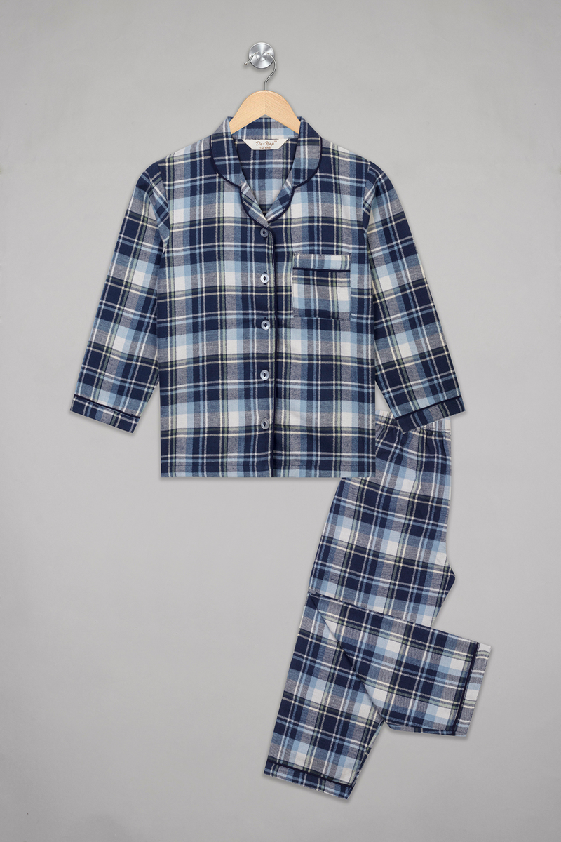 Navy Checks Flannel Full Sleeves Pyjama Set For Kids 1