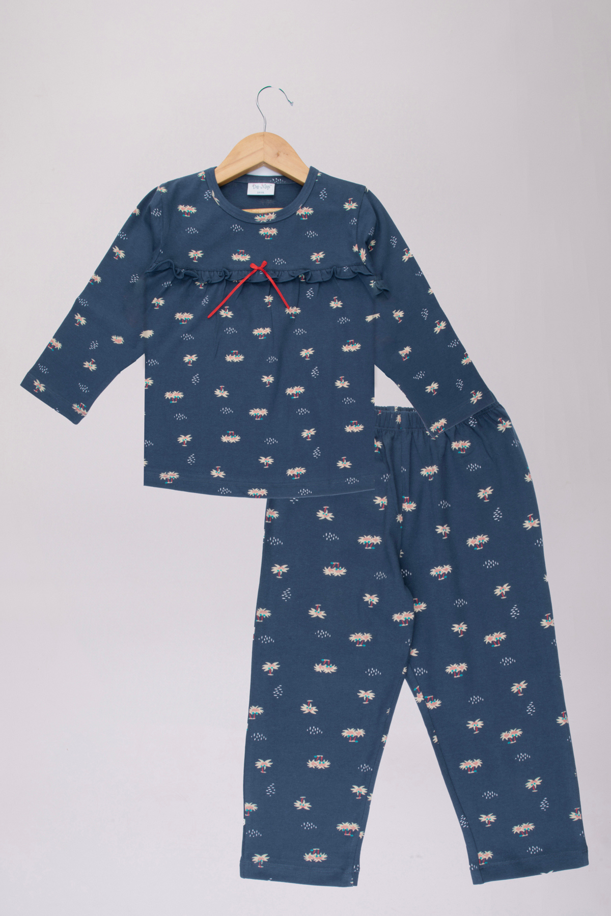 Navy Palm Frill Full Sleeves Pyjama Set For Girls 