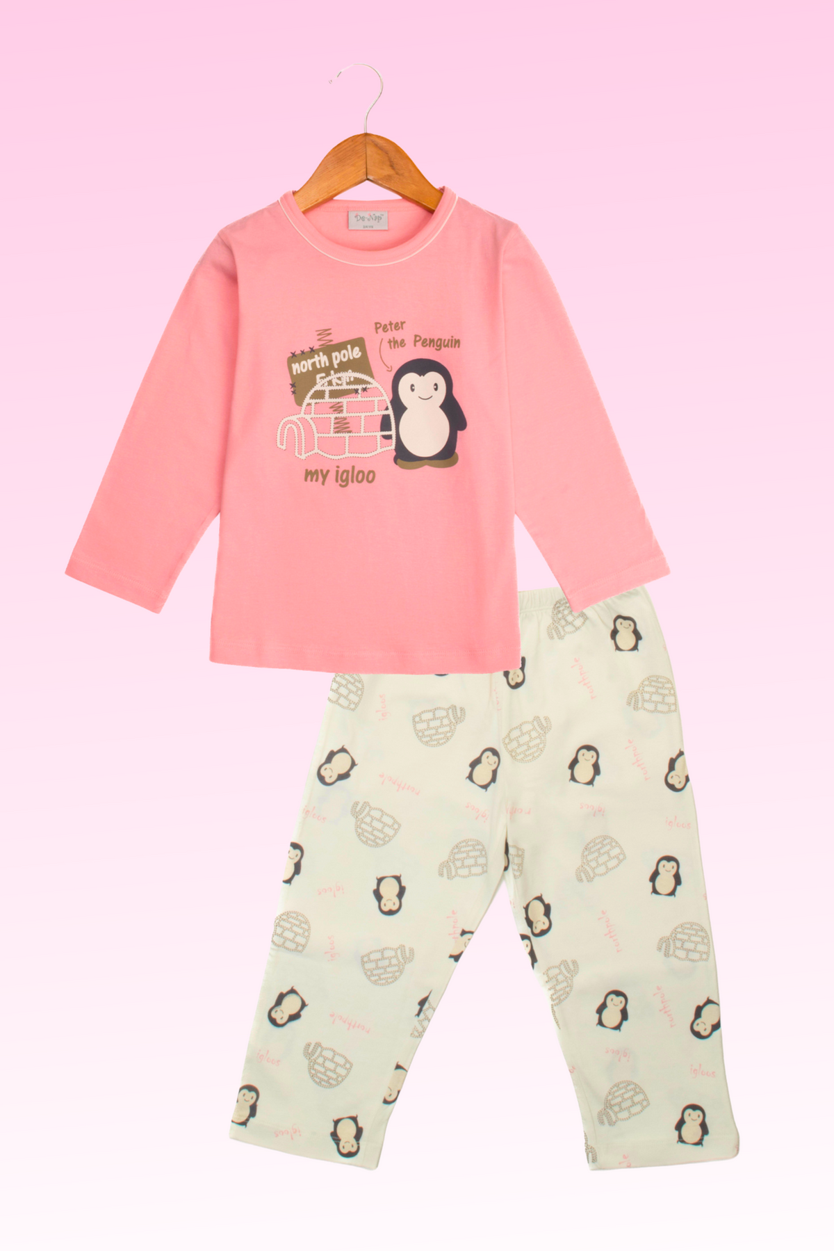 Peach Peter Penguin Full Sleeves Pyjama Set For Girls 1