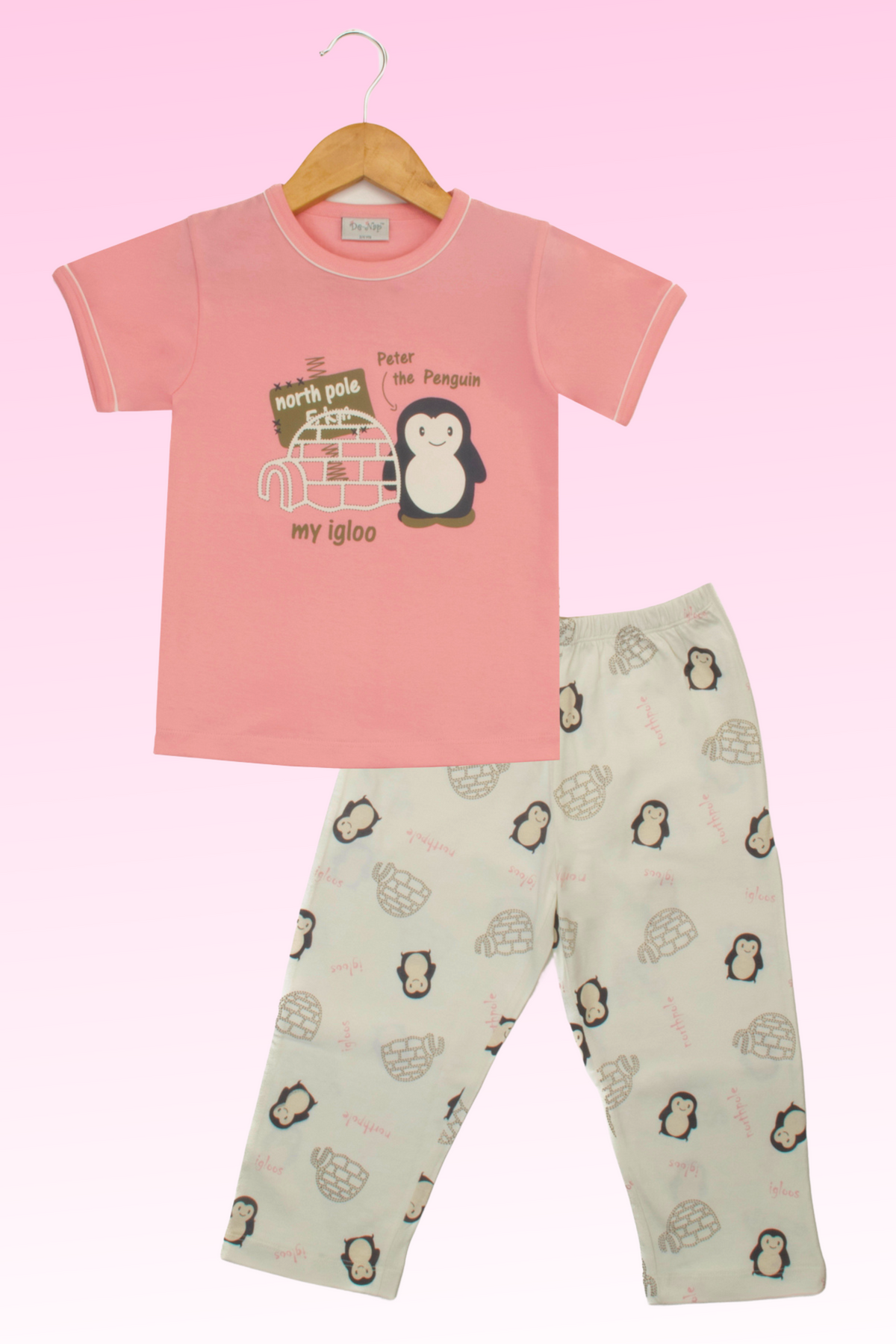 Peach Peter Penguin Short Sleeves Pyjama Set For Girls  1
