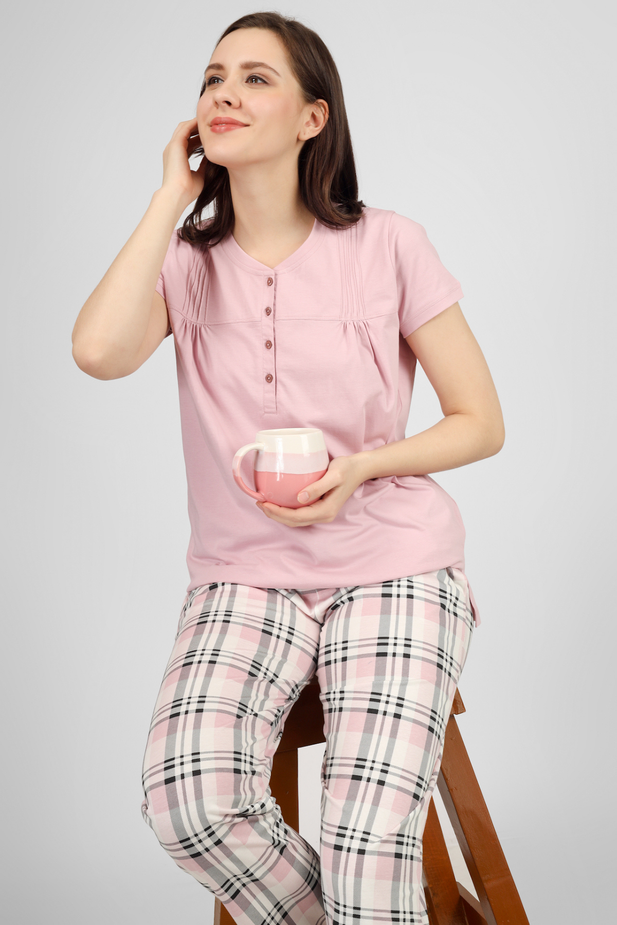 Plaid & Pleats Short Sleeves Pyjama Set For Women 4