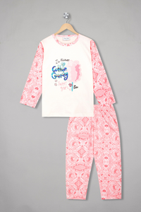 Sweet pink sugar rush full sleeves pyjama set for girls, a cozy and delightful ensemble for dreamy nights.