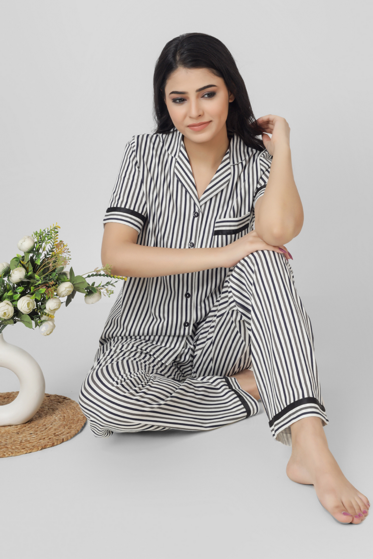 Timeless Stripe Serenade Pyjama Set - Women's nightwear with black and white stripes.
