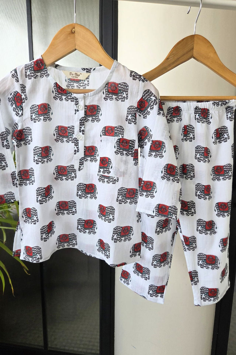 Blockprint Parade Mul Kurta Pyjama Set Girls / Boys - De - Nap.in - Nightwear
