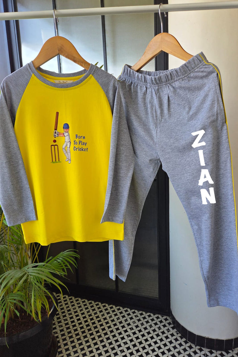 Born To Play Cricket Pyjama Set Yellow & Grey - De - Nap.in - Nightwear