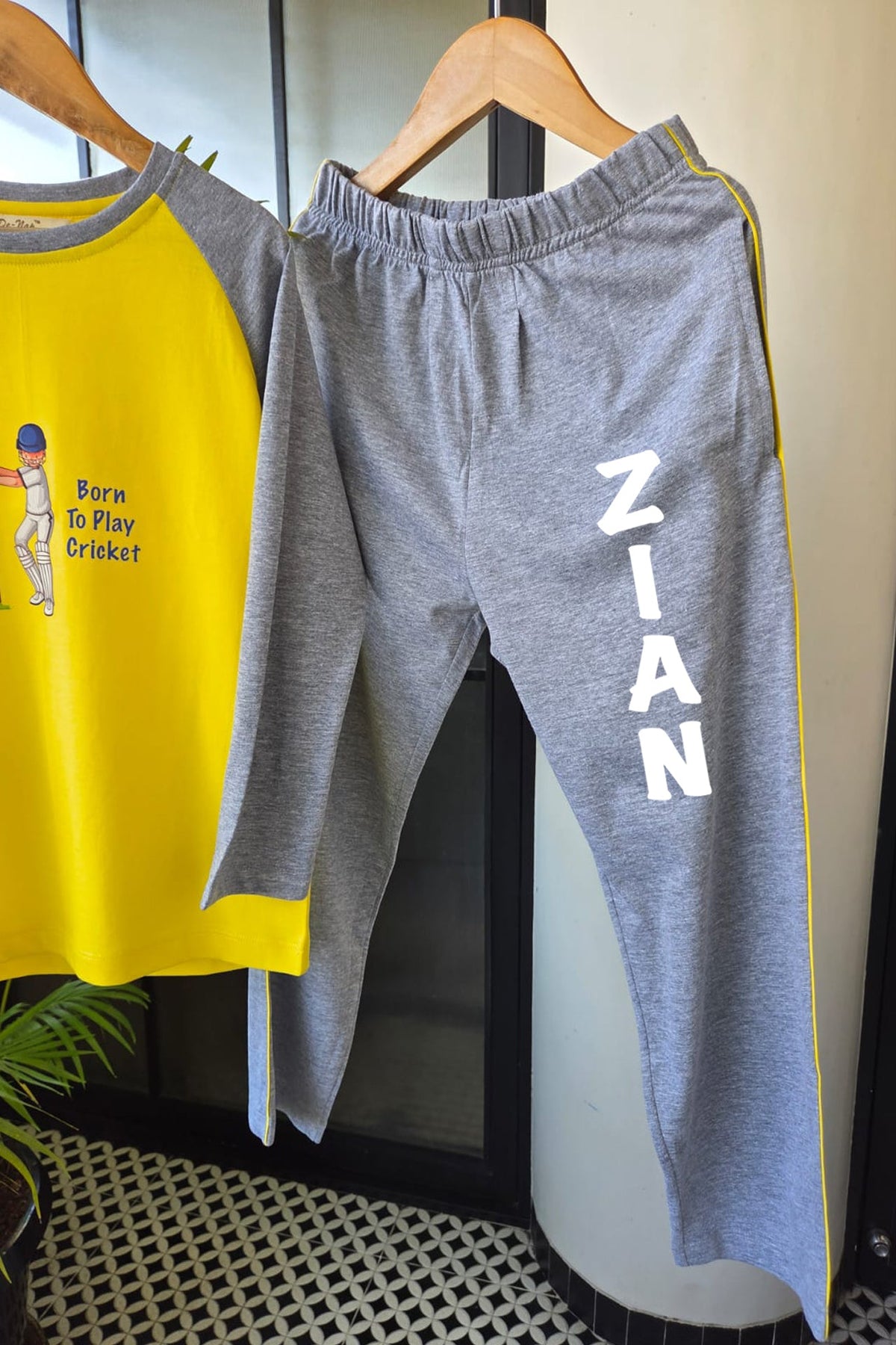Born To Play Cricket Pyjama Set Yellow & Grey - De - Nap.in - Nightwear