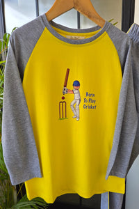 Born To Play Cricket Pyjama Set Yellow & Grey - De - Nap.in - Nightwear