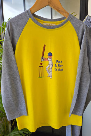 Born To Play Cricket Pyjama Set Yellow & Grey - De - Nap.in - Nightwear