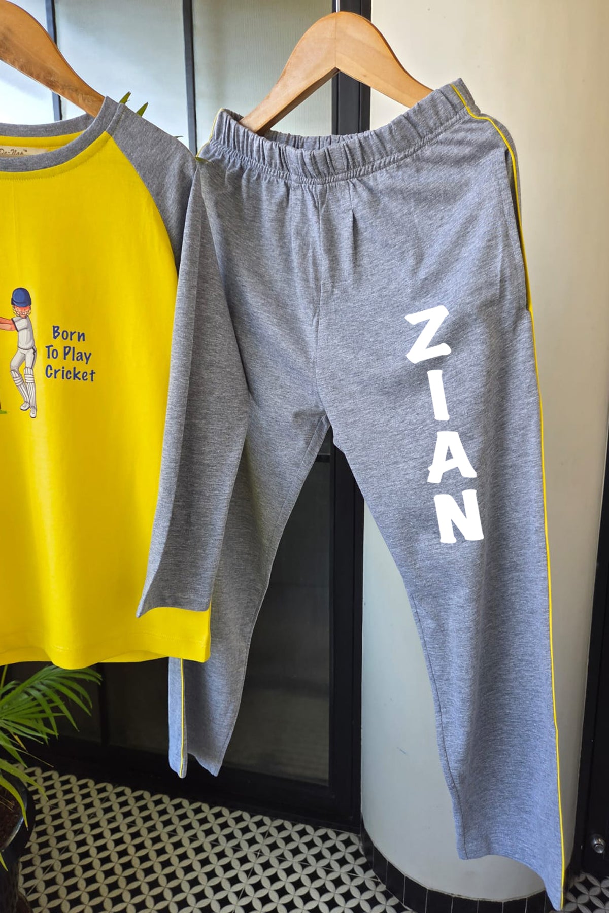 Born To Play Cricket Pyjama Set Yellow & Grey