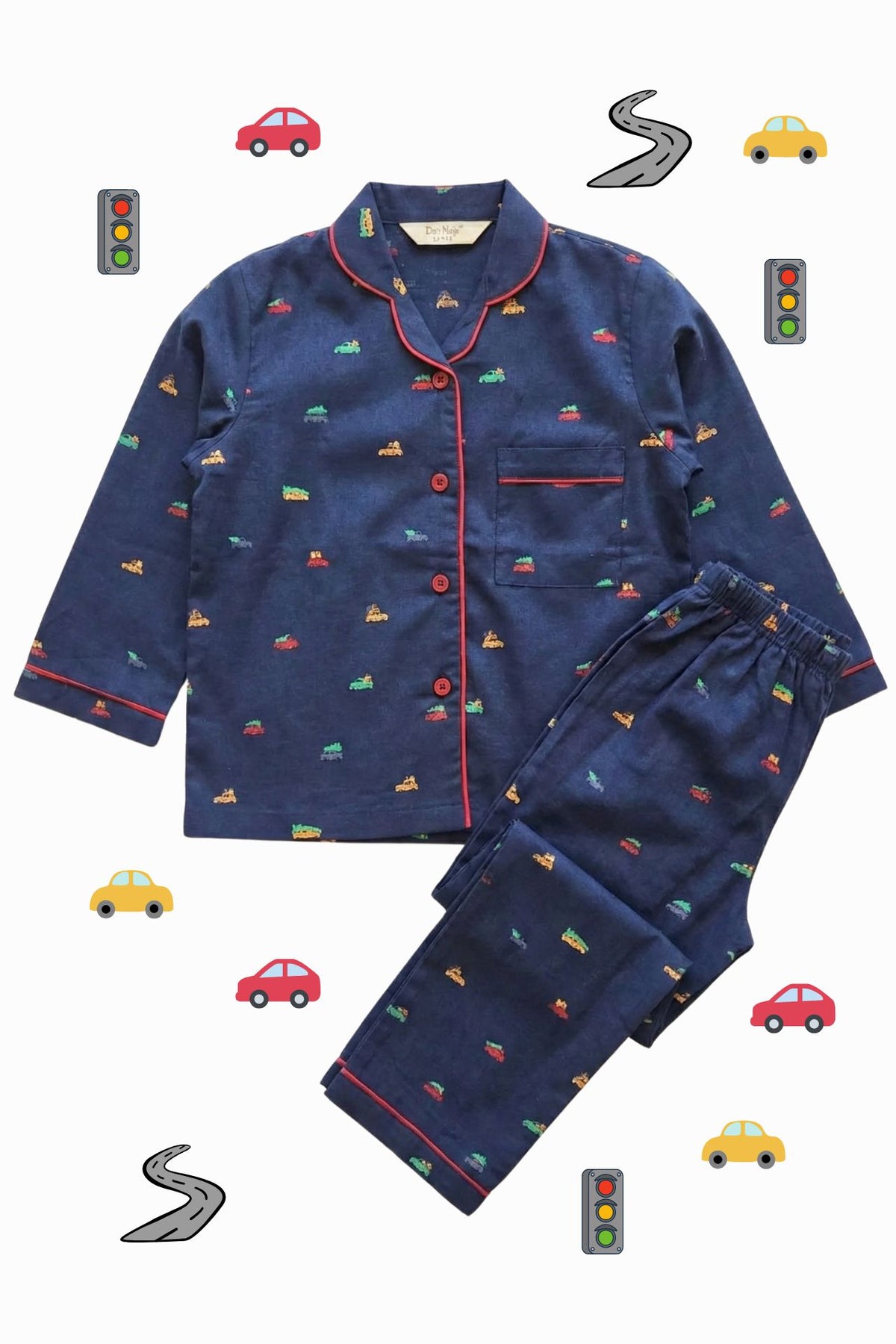 Little Wheels Navy Cotton Night Suit (Girl)