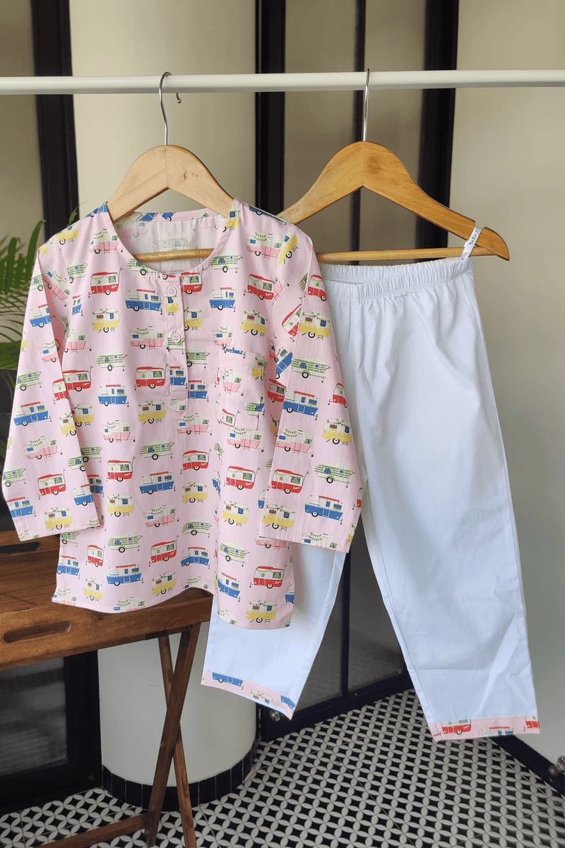 Caravan Dreams Pink Cotton Kurta Pyjama Set - De - Nap.in - Nightwear