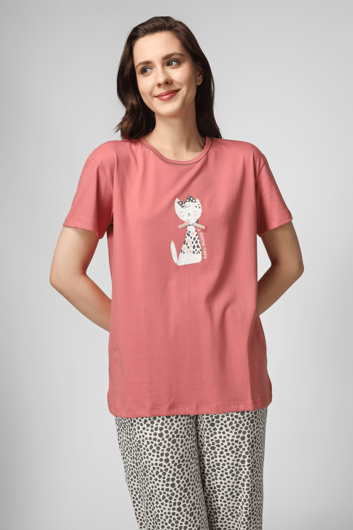 Coral Lil Meow Naps Pyjama Set - De - Nap.in - Nightwear