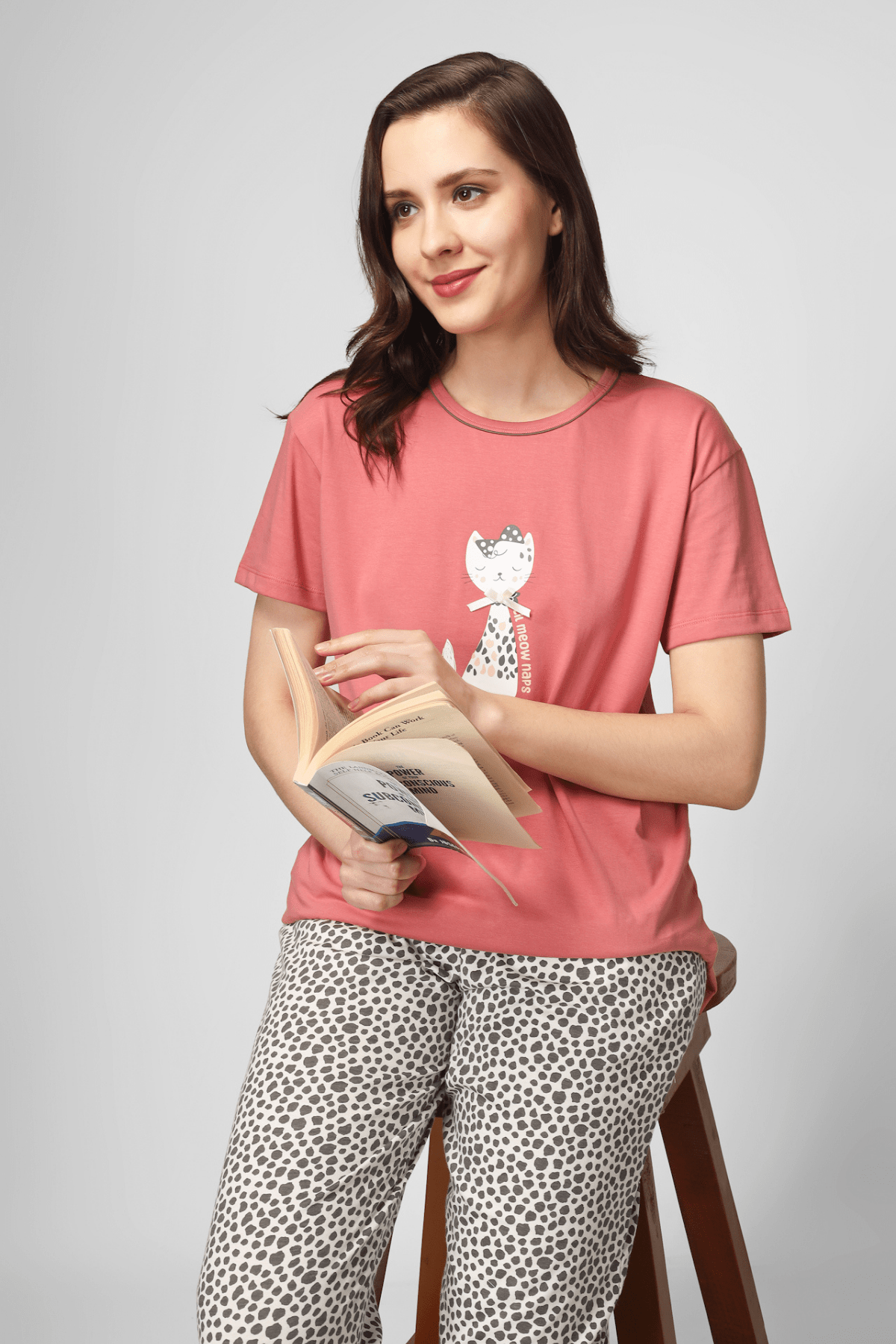 Coral Lil Meow Naps Pyjama Set - De - Nap.in - Nightwear