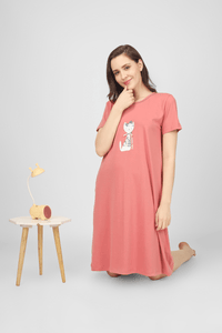 Coral Lil Meow Naps Short Nighty - De - Nap.in - Nightwear