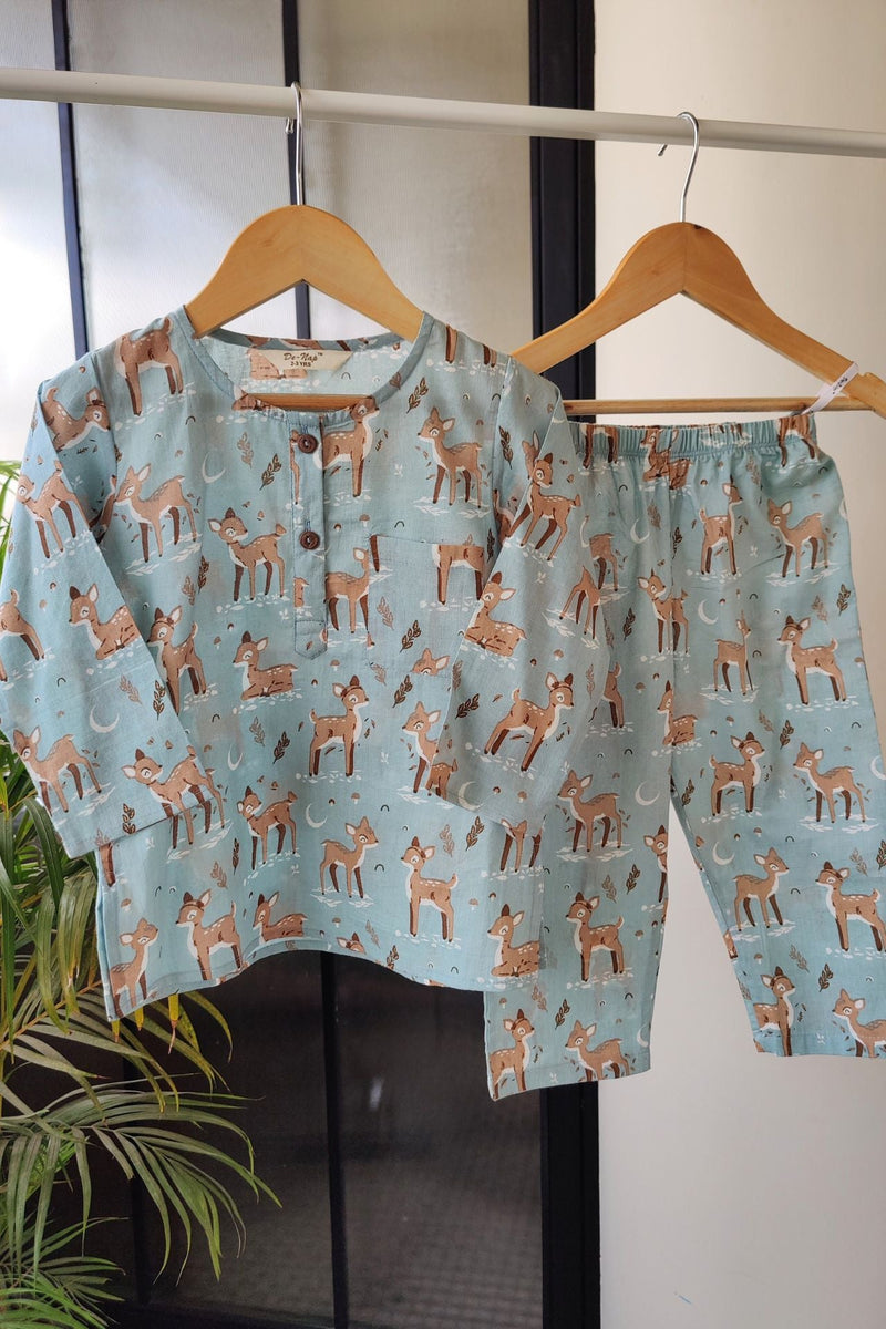 Enchanted Fawn Mul Kurta Pyjama Set (Blue) - De - Nap.in - Nightwear