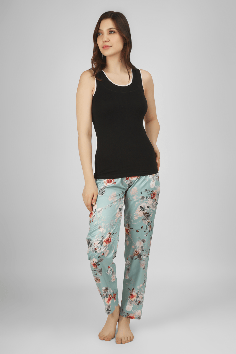 Green Floral Fantasy Satin Pyjama - De - Nap.in - Nightwear