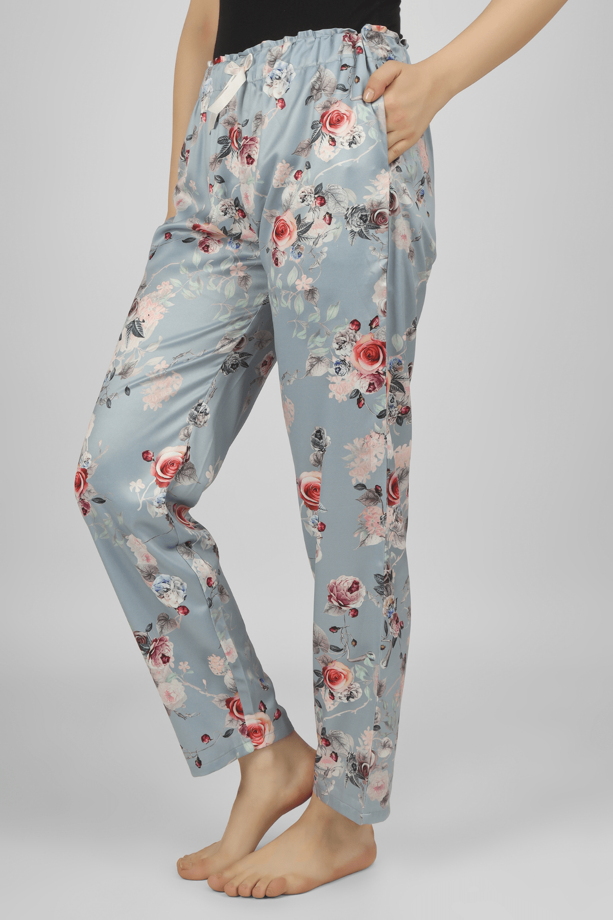 Grey Floral Fantasy Satin Pyjama - De - Nap.in - Nightwear