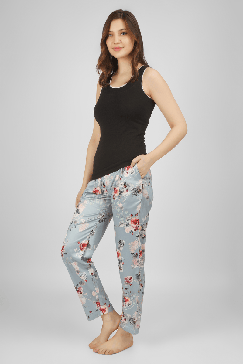 Grey Floral Fantasy Satin Pyjama - De - Nap.in - Nightwear