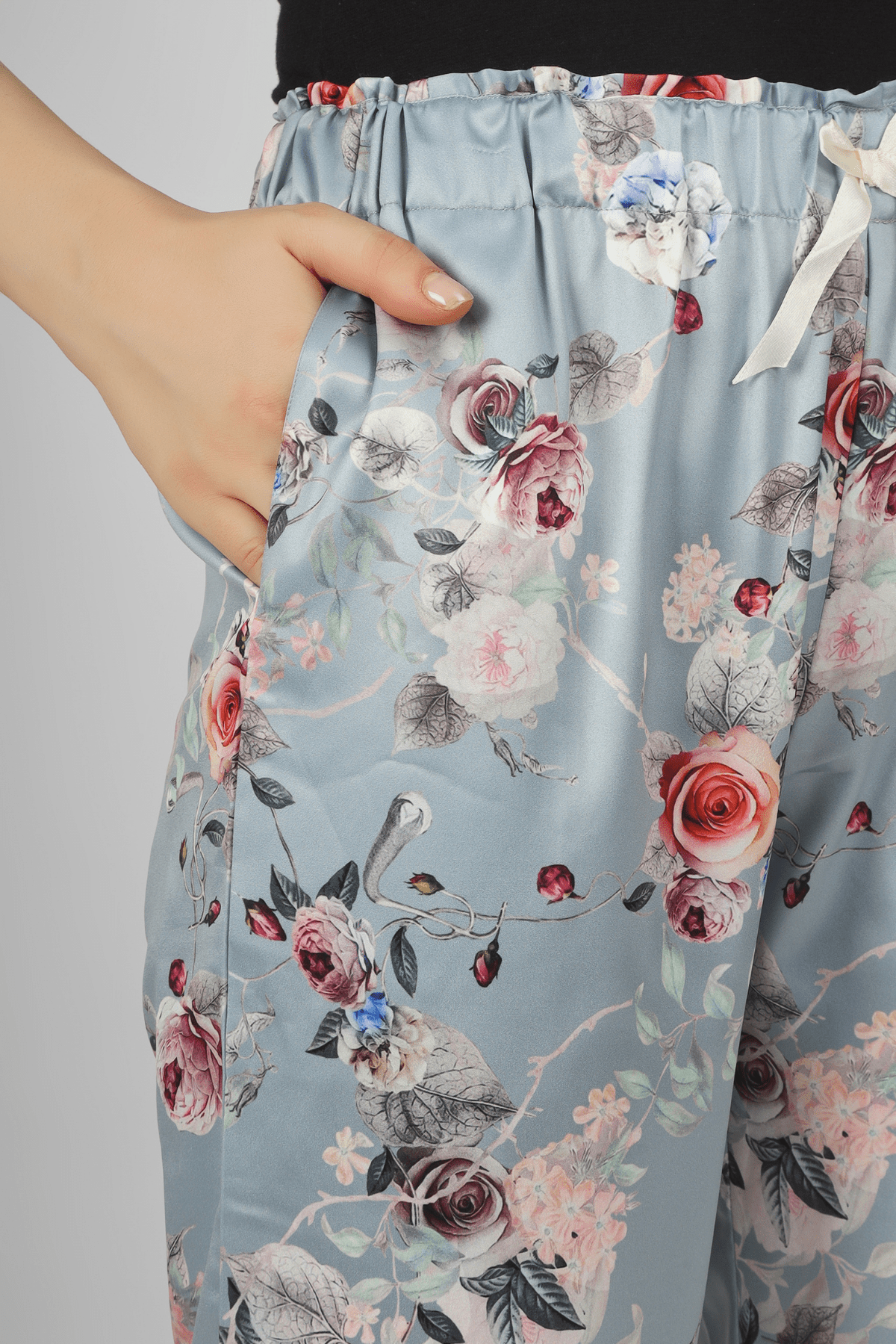 Grey Floral Fantasy Satin Pyjama - De - Nap.in - Nightwear