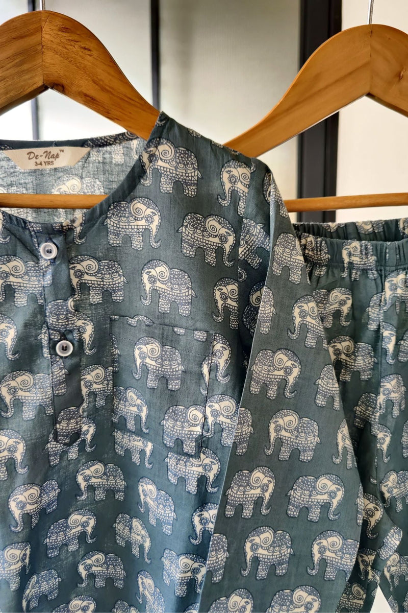 Jaipur Elephant Dreams Mul Kurta Pyjama Set Girls / Boys - De - Nap.in - Nightwear