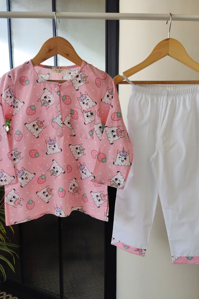 Magic Unicorn Pink Kurta Pyjama Set for Girls - De - Nap.in - Nightwear